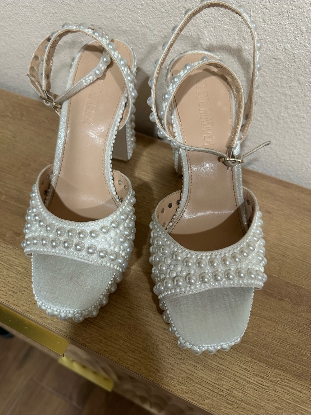 Steve Madden Womens Bridal Pearl Embellished Ankle Strap Block Heel Platform - Picture 5 of 7